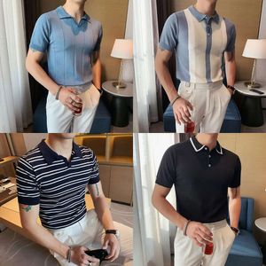 Fashion Men Summer Short Sleeve PoloS Shirt Vintage Patchwork Gebreide slanke shirts Casual Rapel Button Tops Mens Streetwear S S S S