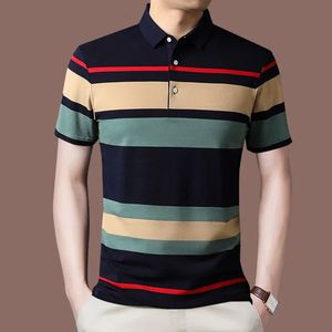 Mode hommes été rayé polos à manches courtes bouton tricot revers pull affaires décontracté hommes vêtements amples haut 240106