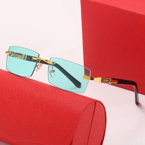 Fashion Men Rectangle zonnebril Designer Dames Zonneglazen Gradiënt Blauw Groen Beach Classic Metal Frameloze Roségouden Lens van luxe brillen Anti Blue Light Gafas