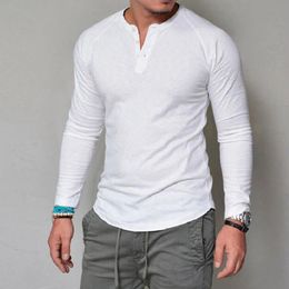 Mode hommes t-shirt coton à manches longues Fitness col rond couleur unie bouton décontracté basique T-shirts hommes Camiseta Hombre 231228
