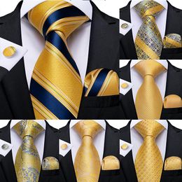 Mode mannen binden geelblauw gestreepte paisley plaid zijden bruiloft voor ontwerper hanky manchetknopen set