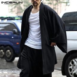 Moda hombres trinchera algodón abrigos de punto abierto sólido manga larga Casual japonés kimono Streetwear Cardigan prendas de vestir exteriores INCERUN 240124