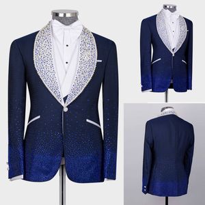 Moda hombre trajes de boda chal solapa chaqueta cuentas perlas esmoquin 3 uds por encargo fiesta de noche de graduación (Blazer + Pantalones + chaleco)