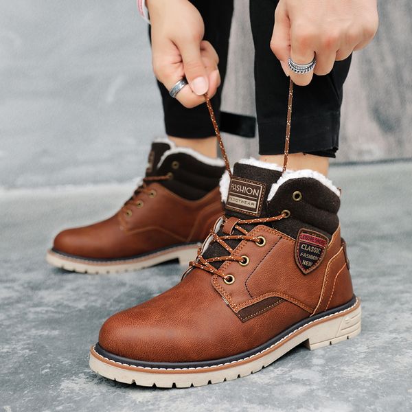 Moda Hombres Botas de invierno Calzado Lace Up Work Safety Boots Tobillo Cálido Forro de lana grande Tamaño Botas de goma masculinas