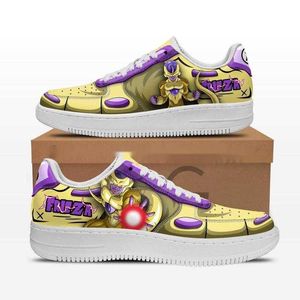 Mode Hommes Femmes Anime Casual Chaussures Golden Frieza Air Baskets Italie Populaire Manga Bas Top En Cuir Designer Couple Personnalisé Animes Courir Chaussures De Sport EU 36-48