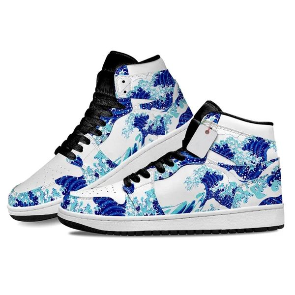 Moda Hombres Mujeres Zapatos de vestir de anime Zapatillas de deporte japonesas Kanagawa Great Wave J1 Italia Clásico High Top Manga Diseñador de cuero personalizado para fanáticos Animes Zapatos deportivos EU 36-48