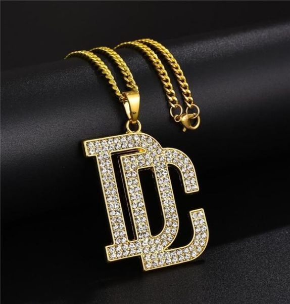 Mode Hommes Femmes Hip Hop Lettre DC Grand Pendentif Collier Bijoux Plein Strass Conception 18 carats Plaqué Or Chaînes À La Mode Punk Necklac6795104