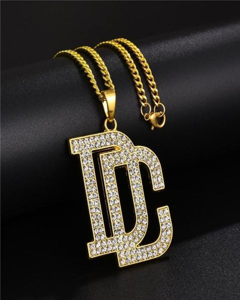 Fashion Men Women Hip Hop Lettre DC Big Pendant Collier Pendard Bijoux Full Rimestone Design 18K Chaînes plaquées à or