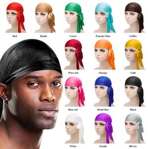 Moda Hombres Mujeres Sombrero de pirata sedoso Satén Durag Bandana Turbante Pelucas Color sólido Headwear Diadema Pigtail Hip Hop Cap Beanie