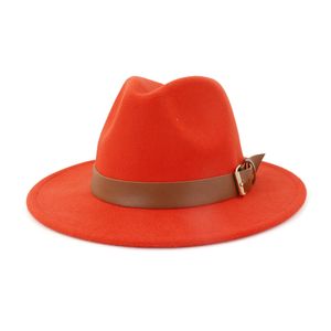 Mode mannen vrouwen brede rand wol vilt muts formele partij jazz trilby fedora hoed met riem gesp geel oranje rooskleurig panama cap