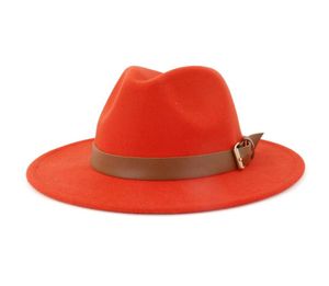 Fashion Men Women Wide Brim Wool Filt Hat Formal Party Jazz Trilby Fedora Hat With Belt Buckle Yellow Orange Rosy Panama Cap4734496