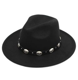 Mode hommes femmes laine mélange Panama chapeau Derby casquette extérieur large bord église Sombrero parrain casquette noir Belt9450912