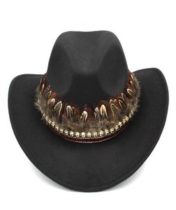 Fashion Men Women Wol Blend Western Cowboy Jazz Hat Wide Brim Sombrero Godfather Cap Church Caps Cowgirl Feather Band met Skull1053941