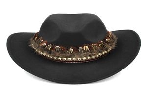 Fashion Men Women Wol Blend Western Cowboy Jazz Hat brede Brim Sombrero Godfather Cap Church Caps Cowgirl Feather Band met Skull6630983