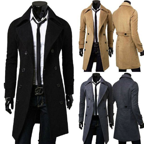 Mode- hommes laine Trench manteaux veste classique mince revers caban hommes hiver Double boutonnage longs manteaux vêtements d'extérieur
