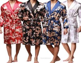 Fashion Men039s Bathrobe de soie kimono manches longues Robe chinois Lucky dragon imprimement pyjamas hommes robe peignoir