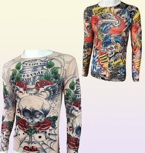 Mode Men039s Fake Tattoo T-shirts met lange mouwen, elastische modale dunne all-over print Oneck Tattoo-shirts Halloweenkleding Larg7061429