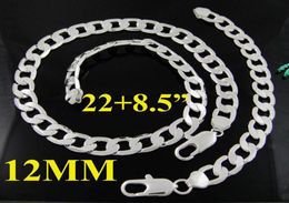Fashion Men039S Sieraden Set 925 Zilver 12 mm Curb Chain Flat Necklace Bracelet Set 2285inch 10Sets2039145