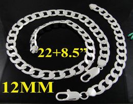 Fashion Men039S Sieraden Set 925 Zilver 12 mm Curb Chain Flat Necklace Bracelet Set 2285inch 10Sets8340758