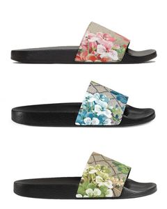 Designer Classical Pool Slippers Heren dames unisex groene bloemen bloem bedrukte canvas slides sandalen platte loafers met gegoten rubberen voetbed