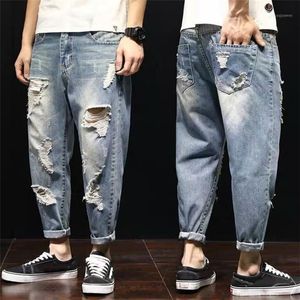 Mode Mens Baggy Ripped Hole Jeans 2022 Street Style Blue Denim Broek Losse Gewassen Mid-Taille Vaqueros Rotos de Hombre