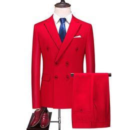 Mode hommes d'affaires Double boutonnage couleur unie costume manteau mâle mince mariage 2 pièces Blazers veste pantalon pantalon 220705