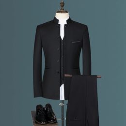 Moda para hombre Casual Boutique blanco Stand Up Collar estilo chino conjunto de traje Slim Fit Blazers chaqueta abrigo pantalones chaleco 240312