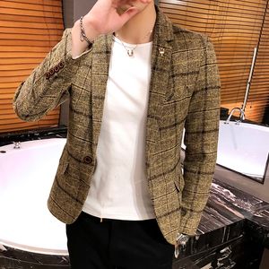 Moda para hombre Casual Business Lattice Slim Plaid Dress Suit Coat Blazers Jacket