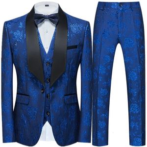 Fashion Heren Casual Business Wedding Flower Suits Coat broek 3 pc's set mannelijk bedrukte jurk Blazers jasbroekvest 240430