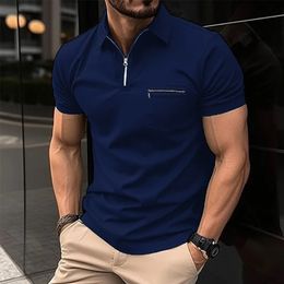 Fashion Heren Casual Pockets Zipper Short Sleeveved Polo Shirt Office Rapel T -shirt Ademend Zomerkleding 240321