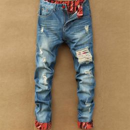 Mode- Hommes Casual Straight Jeans Rétro Slim Skinny Jeans Créateur De Mode Ripped Hommes Hip Hop Bleu Clair Denim Pants202x