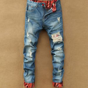 Mode- Mens Casual Straight Jeans Retro Slim Skinny Jeans Fashion Designer Ripped Men Hip Hop Light Blue Denim Pants