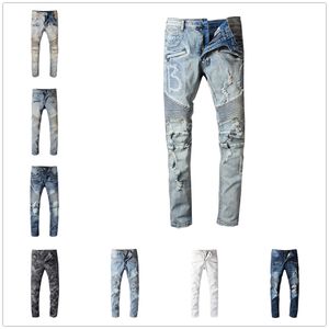 Fashion- Mens Designer Jeans Distressed Ripped Biker Slim Fit Moto Biker Denim Pour Hommes Mode Mans Pantalon Noir