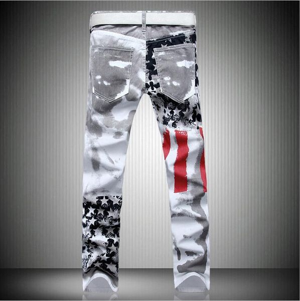 Fashion-Mens Designer Jeans Bandera Impreso Pantalones de mezclilla de tamaño grande con resiliencia americana Pantalones largos Ropa de moda