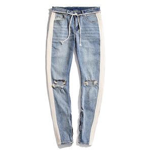 Jeans para hombre Diseñador Skinny Ripped White Striped Jeans Fashion Stretch Slim Drawstring Biker Pantalones Negro Azul