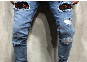 Mode-Heren Designer Washed Hole Jeans Zomer Lente Skinny Borduursel Letter Blue Pencil Broek Hiphop Street Jeans