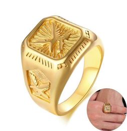 Anel de águia masculino da moda, tom dourado, aço inoxidável, topo quadrado com raios, anel de sinete, animal pesado, band243k1467965