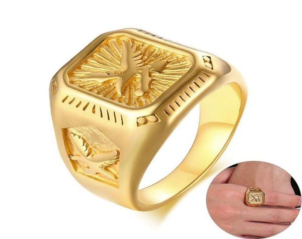 Anillo de águila para hombre de moda, parte superior cuadrada de acero inoxidable en tono dorado con anillo de sello de rayos, banda de animales pesados 243K2882943