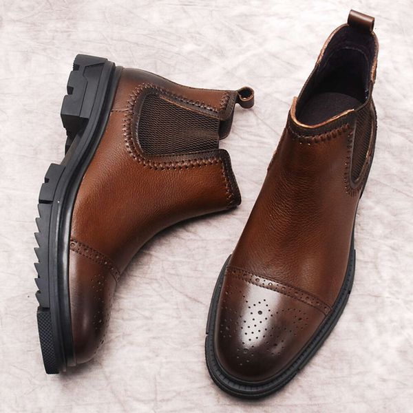Mode hommes en cuir véritable cheville noir marron sans lacet bout rond robe pour bottes formelles italiennes hommes chaussure