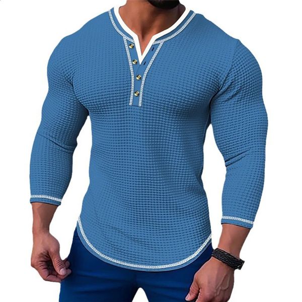 Fashion Mens Henley Collar T-shirts Casual Waffle Slim Fit à manches longues V Bouton Neck TEES TOPS PAULOVER T-shirt Clothing240416