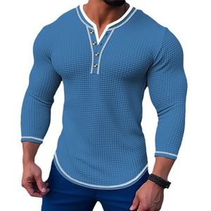 Mode hommes col Henley t-shirts décontracté gaufre coupe ajustée à manches longues col en V bouton t-shirts hauts pull t-shirt vêtements 240219