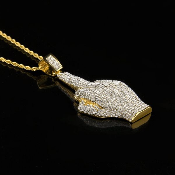 Fashion-Mens Iced Out Pendentif Collier Hip Hop Erect Middle Finger Bling Pendentif Collier Hiphop Bijoux