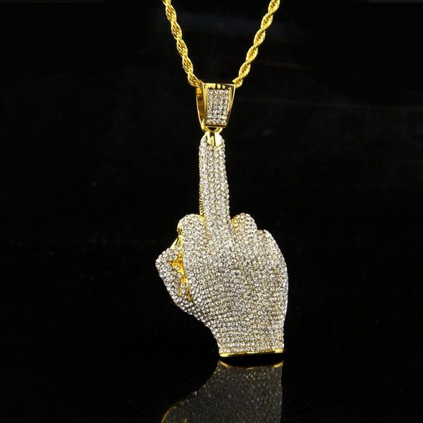 Moda para hombre helado colgante collar de Hip Hop erecto dedo medio Bling collares Hiphop Jewelry224C