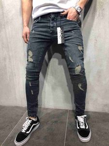 Mode hommes jean droit coupe ajustée motard jean pantalon en détresse maigre déchiré détruit Denim jean lavé Hiphop pantalon