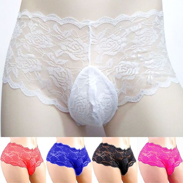 Ropa interior de encaje de moda para hombre Boxers Thin See Thru Cómoda bolsa de pene Sexy Gay Sissy Man Calzoncillos transparentes Boxer Shorts Bragas