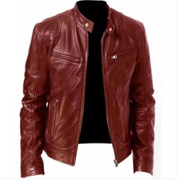 Mode hommes veste en cuir coupe ajustée col montant veste en polyuréthane mâle Anti-vent moto revers diagonale fermeture éclair vestes hommes 240116