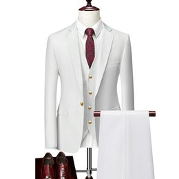 Mode heren Leisure boetiek Solid Color Slim Fit Suit broek 3 PCS Set mannelijke casual jurk blazers jasbroekvest 240430