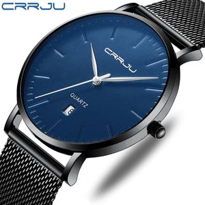 Mode Mens Minimalistische Horloges CrRju Ultra Dunne Zwart Rvs Mesh Band Horloge Mannen Business Casual Analoog Quartz Klok