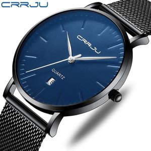 Mode Hommes Minimaliste Montres crrju Ultra Mince Noir En Acier Inoxydable Maille Bande Montre Hommes D'affaires Casual Analogique Quartz clock2803