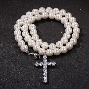 Collier de perles pour hommes, bijoux Hip Hop, pendentif croix glacée, 8mm 10mm
